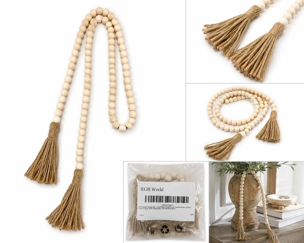 Farmhouse Wood Bead Garland with Jute Tassels – 58 Inch Rustic Boho Home Decor